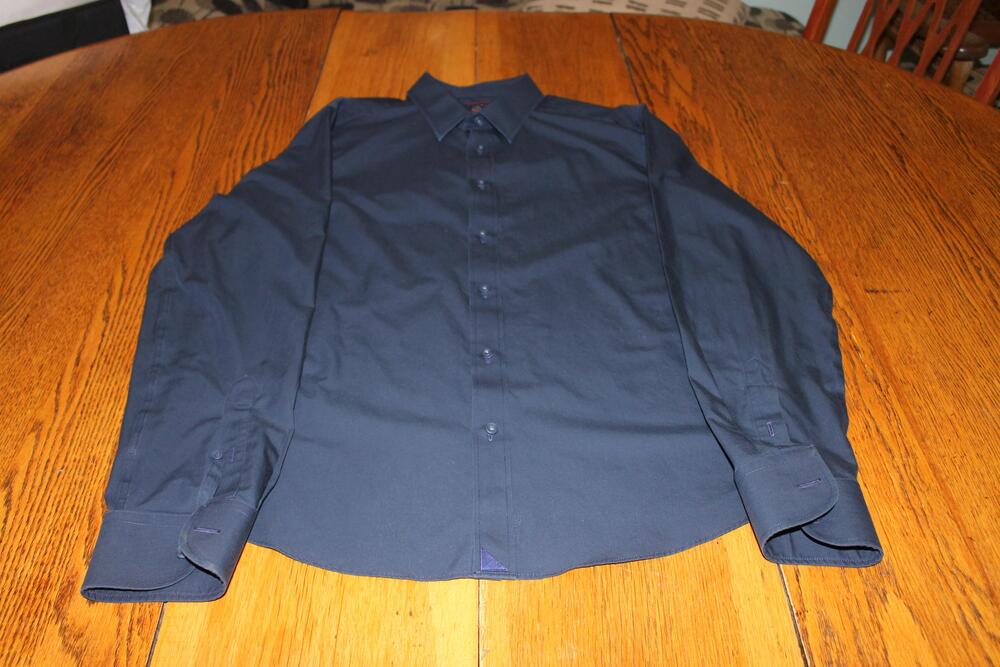 Untuckit Shirt Mens Large Navy Blue Button‎ Down Long Sleeve Modern Fit Stretch